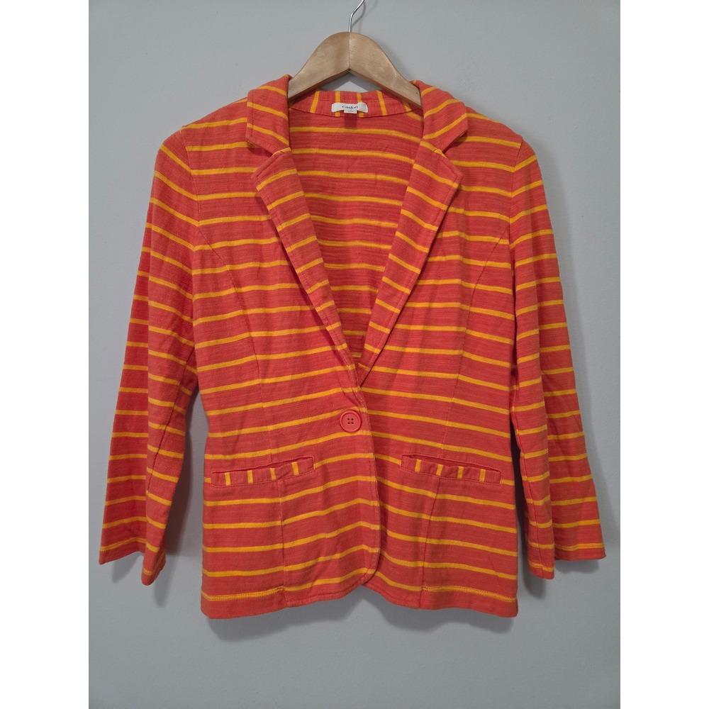 Caslon Womens Orange Yellow Striped Cotton Knit Blazer Jacket Single‎ Button S